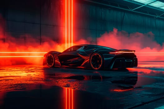 A stunning futuristic car with dark reflection on concrete background and neon light glows. Futuristic electric sports cars. AI generated