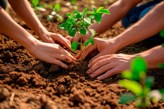 Hands of people planting a tree together, representing community engagement and environmental stewardship.Concept for community involvement, tree planting, environmental care, teamwork. AI generated