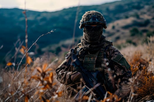 A masked military marine, fully equipped, dispatched in the bushes on a mountain. Soldier in a defensive position on the nature background. AI generated