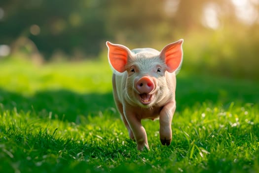 Cute piglet in the yard, running around, ecological farming concept. AI generated