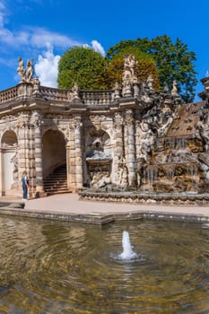 Dresden, Germany - August 10.2023: The fountain in Zwinger palace in Dresden, Saxony.