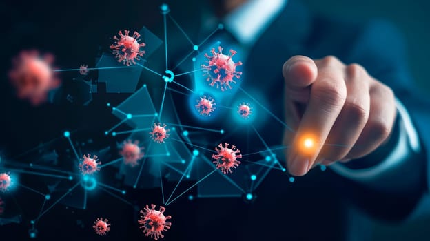 Close up view of hand touching virtual medical network connection icons. Digital healthcare technology,system analysis network connection hologram virtual screen interface,online medical examination analysis report. AI generated