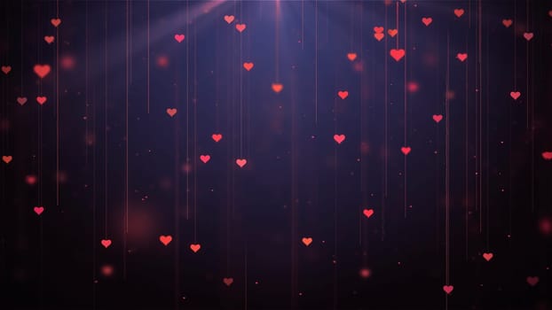 Heart raining with light background. Small hearts for Valentines Day, Mothers Day or wedding events on black background. Love and romance concept.