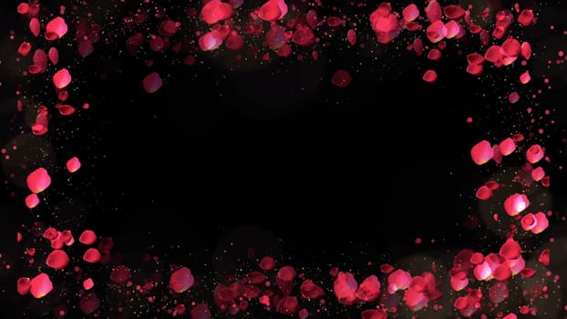 Rose petals frame with lights and particles on background. Valentines day, Mothers day, spring, summer, blossom background.