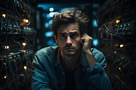 A young man computer technician looks stressed after having trouble with a server. It conveys that even the new generation of computer system administrator has problems that cannot be solved as well.