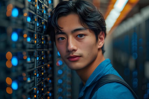 A young man computer technician looks stressed after having trouble with a server. It conveys that even the new generation of computer system administrator has problems that cannot be solved as well.