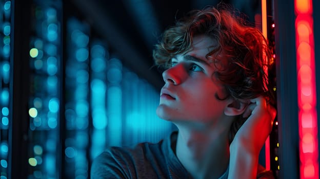 A young man computer technician looks stressed after having trouble with a server. It conveys that even the new generation of computer system administrator has problems that cannot be solved as well.