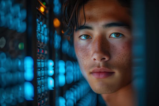 A young man computer technician looks stressed after having trouble with a server. It conveys that even the new generation of computer system administrator has problems that cannot be solved as well.