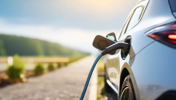 Charging an electric car at a charging station. Close-up. AI generated