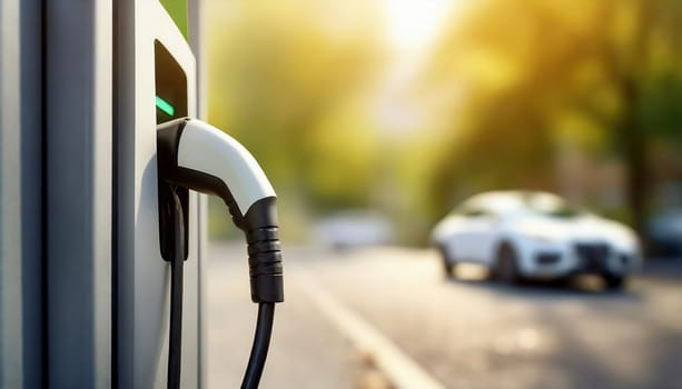Charging an electric car at a charging station. Close-up. AI generated