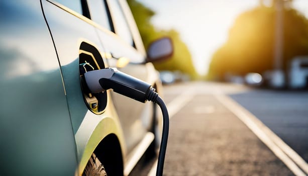 Charging an electric car at a charging station. Close-up. AI generated