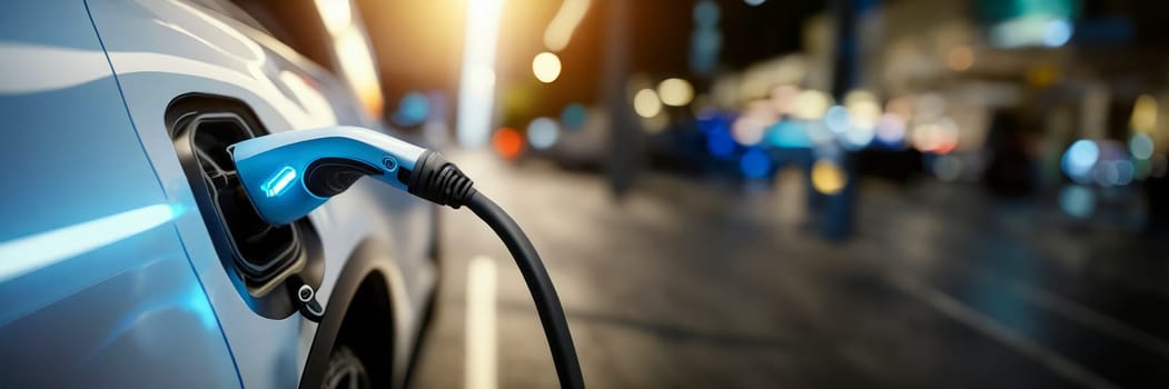 Charging an electric car at a charging station. Close-up. AI generated