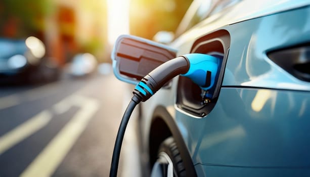 Charging an electric car at a charging station. Close-up. AI generated