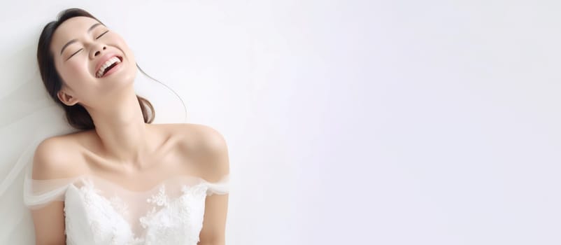 Bride smiling banner. Fashion woman. Generate Ai