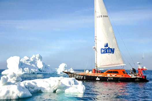 Coast of the Arctic Ocean, Russia - December 14, 2016: Vessel of the Arctic expedition in the waters of the Arctic Ocean. The study of the Russian Arctic.