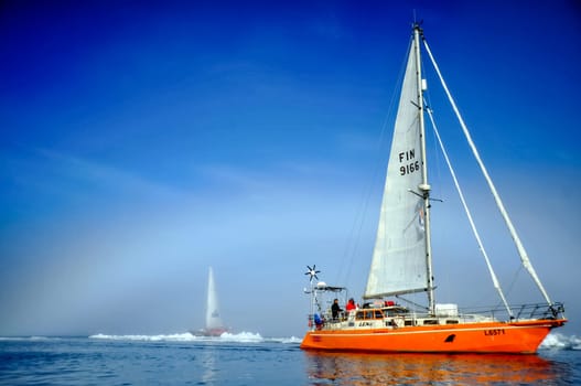 Coast of the Arctic Ocean, Russia - December 14, 2016: Vessel of the Arctic expedition in the waters of the Arctic Ocean. The study of the Russian Arctic.