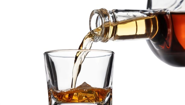 Whiskey being poured into a glass from a bottle on a white background. AI generated