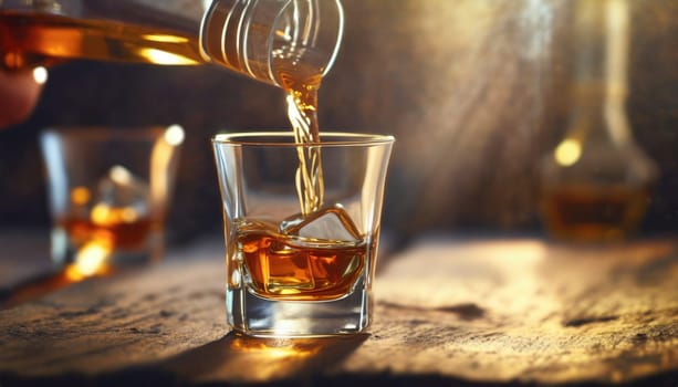 Pouring whiskey from bottle into glass on bar counter. AI generated