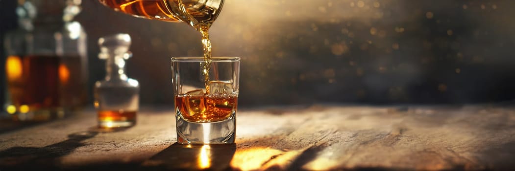 Pouring whiskey from bottle into glass on bar counter. AI generated