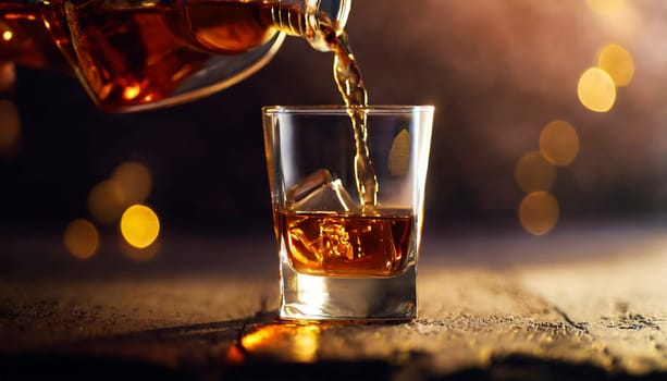 Pouring whiskey from bottle into glass on bar counter. AI generated