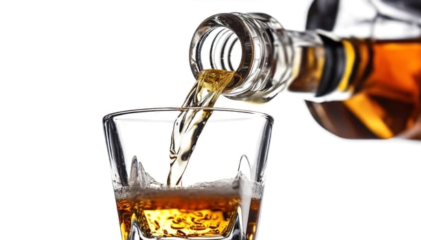 Whiskey being poured into a glass from a bottle on a white background. AI generated