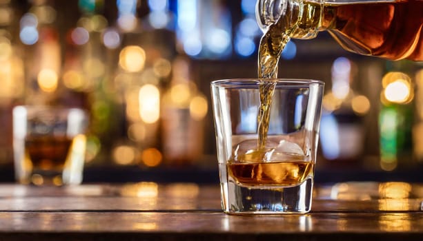 Pouring whiskey from bottle into glass on bar counter. AI generated