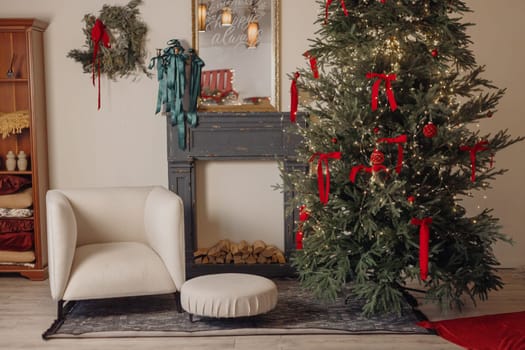 interior christmas. magic glowing tree, fireplace and gifts