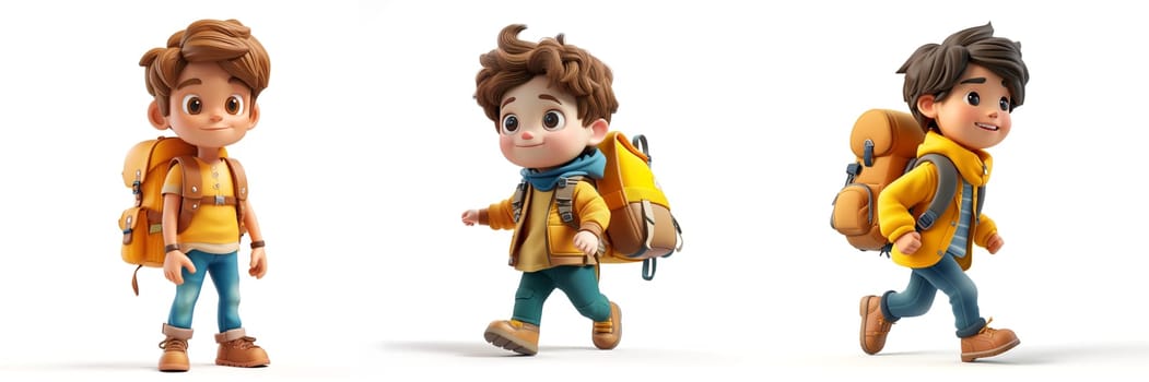 Three Young boys with backpacks, going to school or travelers seeking for adventure, 3d cartoon character style on white background.