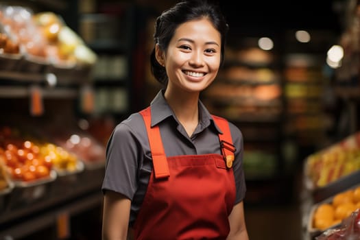 Asian Woman staff in apron working in grocery store. Business concept