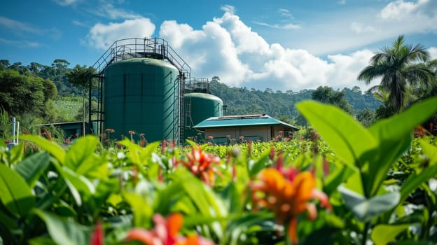 Modern biogas station or factory. Biogas plant. Sustainable energy.