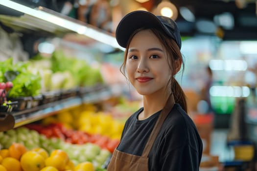 Asian Woman staff in apron working in grocery store. Business concept