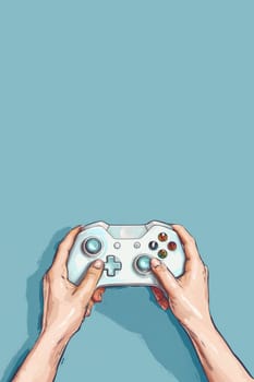 Man Hand hold gamepad or joystick on plain color background, illustration with copyspace. Comix style
