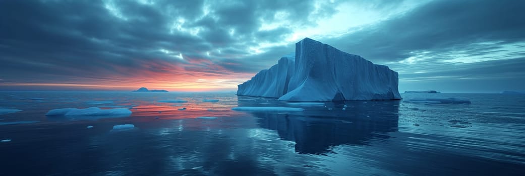 Iceberg at sunset, Arctic Pole landscape, panorama. Global warming