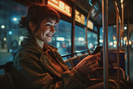 Caucasian female passenger sitting with smartphone in public transport in city at night.
