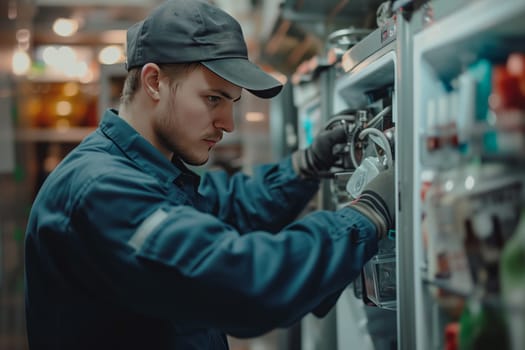 Male electrician assembling electrical panel. Electrician at work. Engineer installs grounding.