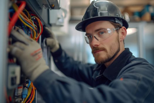 Male electrician assembling electrical panel. Electrician at work. Engineer installs grounding.