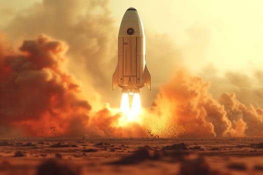 Rocket spacecraft take off from Mars. Launching with fire and smoke