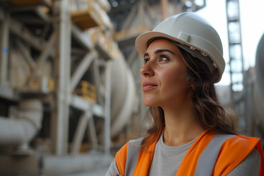 Smiling Portrait of a Beautiful Female Industrial Engineer in White Hard Hat on a Factory.