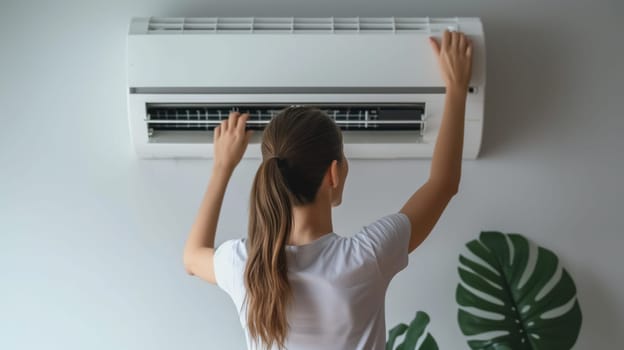 Young caucasian woman repair indoor air conditioner unit on wall, back view.