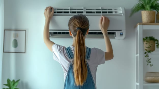 Young caucasian woman repair indoor air conditioner unit on wall, back view.