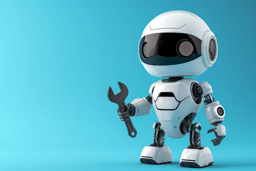 Cute robot holding repair wrench on plain blue background with copy space. Fixing technical problem