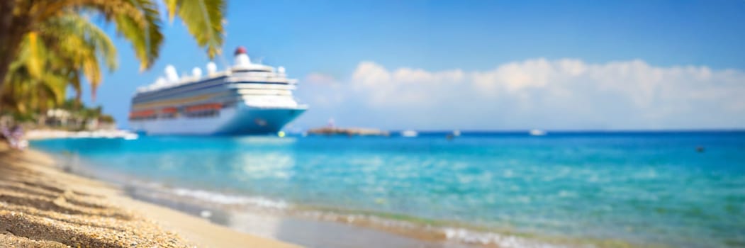 Cruise ship and palm tree on the beach in the tropics. Tropical island vacation concept. AI generated