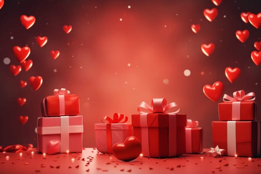 Red hearts and gift boxes on red background. Valentine's day background
