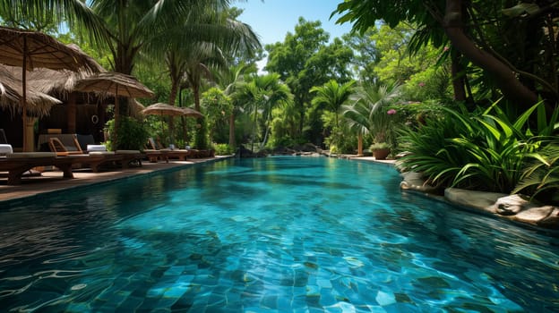 swimming pool in tropical park, luxury resort.