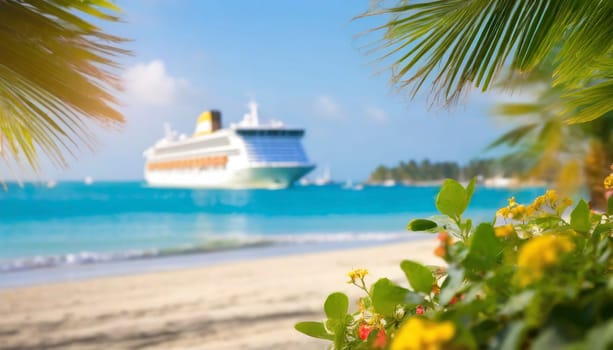 Cruise ship and palm tree on the beach in the tropics. Tropical island vacation concept. AI generated