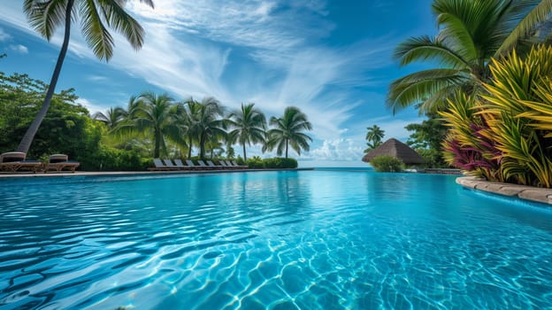 swimming pool in tropical park, luxury resort.