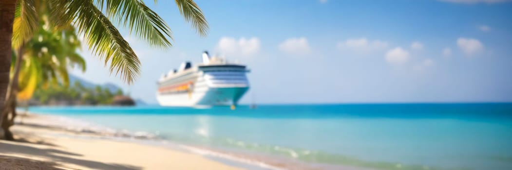 Cruise ship and palm tree on the beach in the tropics. Tropical island vacation concept. AI generated