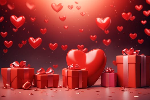 Red hearts and gift boxes on red background. Valentine's day background