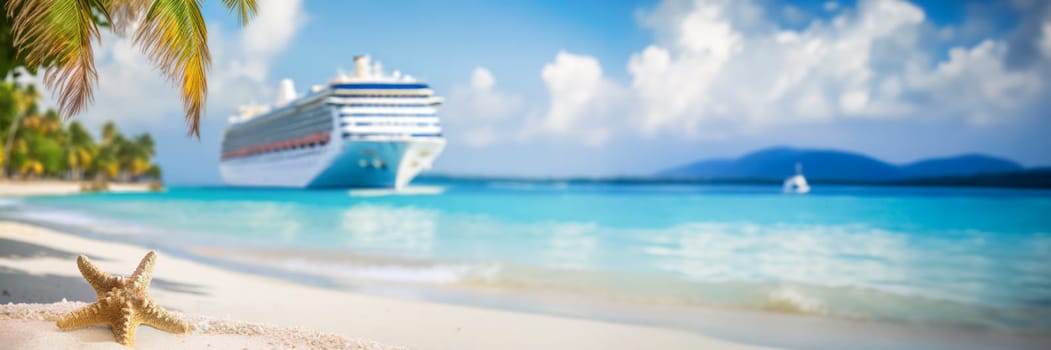 Cruise ship and palm tree on the beach in the tropics. Tropical island vacation concept. AI generated