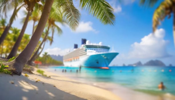 Cruise ship and palm tree on the beach in the tropics. Tropical island vacation concept. AI generated